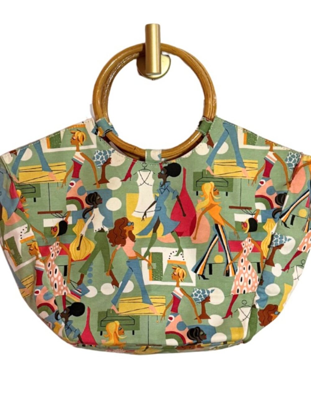 VTG Neiman Marcus Fashion Diva Green Cotton Print Tote Bamboo Ring Handle